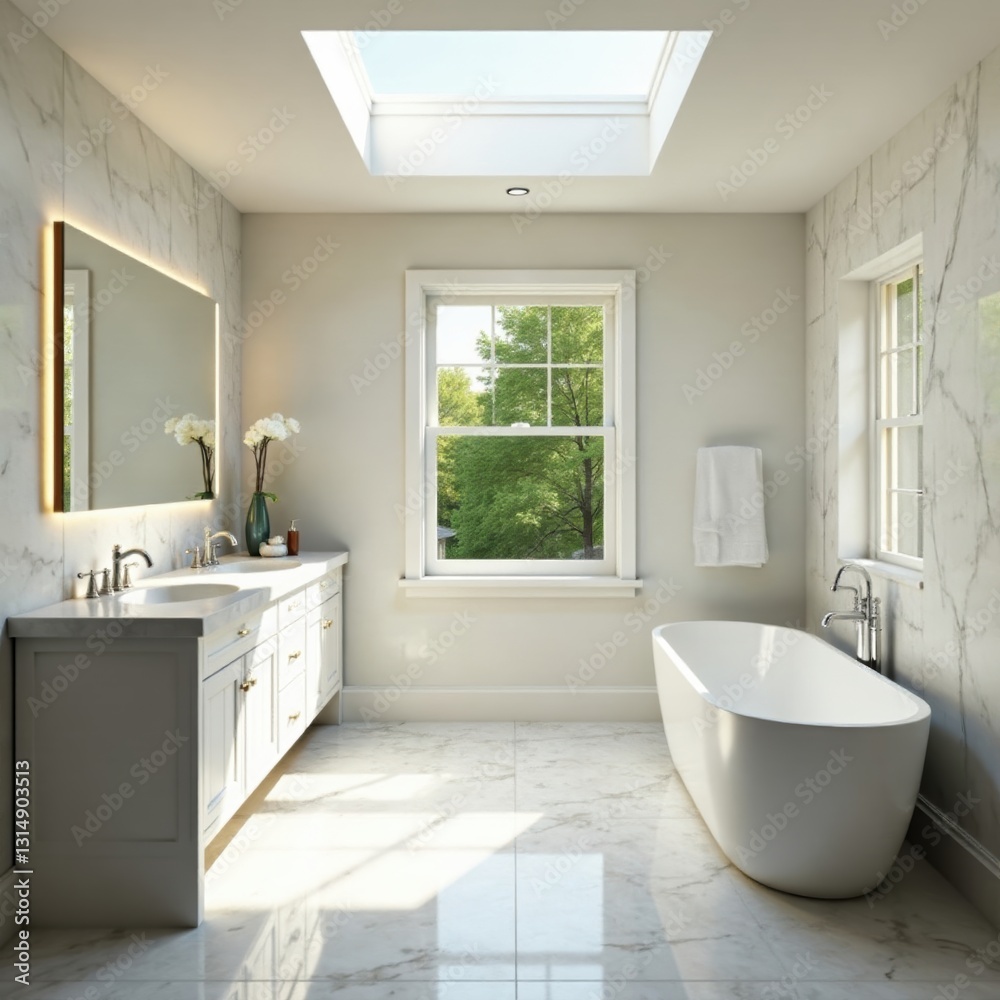 Sun-drenched marble master bath with skylight, vanity, water Sun-drenched marble master bath with skylight, vanity, water