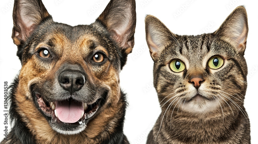 A Happy German Shepherd Dog And Tabby Cat, Best Friends, Smiling For The Camera Against A Bright White Background A Happy German Shepherd Dog And Tabby Cat, Best Friends, Smiling For The Camera Against A Bright White Background