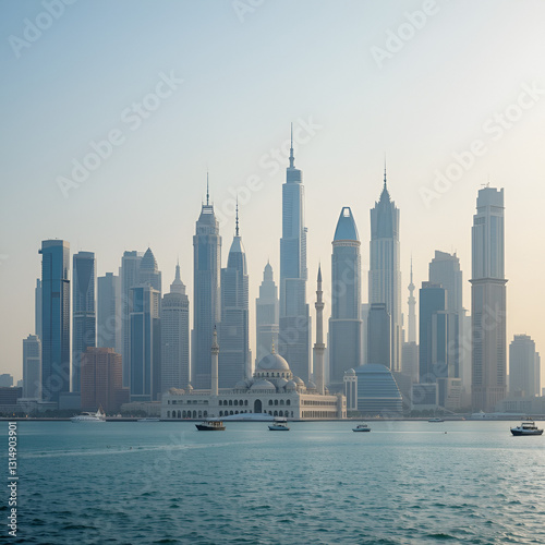 View of the modern Doha skyline with the Doha Pearl island and Sheikh Hamad bin Jassim Mosque in view along the Persian Gulf. photo