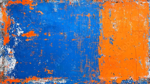 A weathered painted surface showing blue orange and white colors