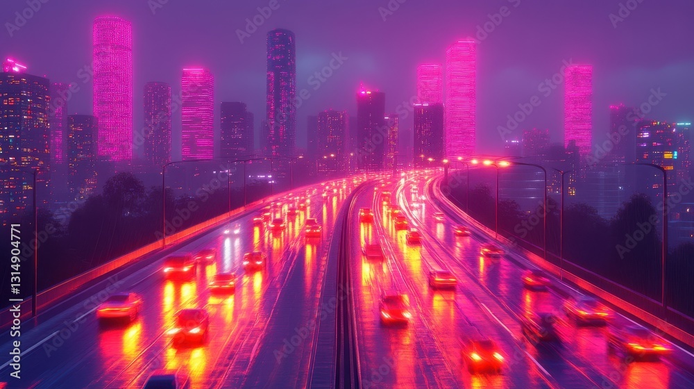 Nighttime traffic flow in neon cityscape urban environment high-contrast photography dynamic viewpoint Nighttime traffic flow in neon cityscape urban environment high-contrast photography dynamic viewpoint
