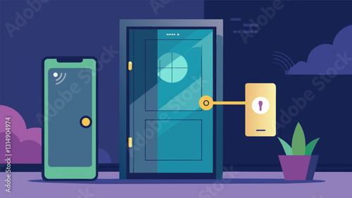 The smart lock automatically unlocks the front door when it detects the owners smartphone approaching.. Vector illustration