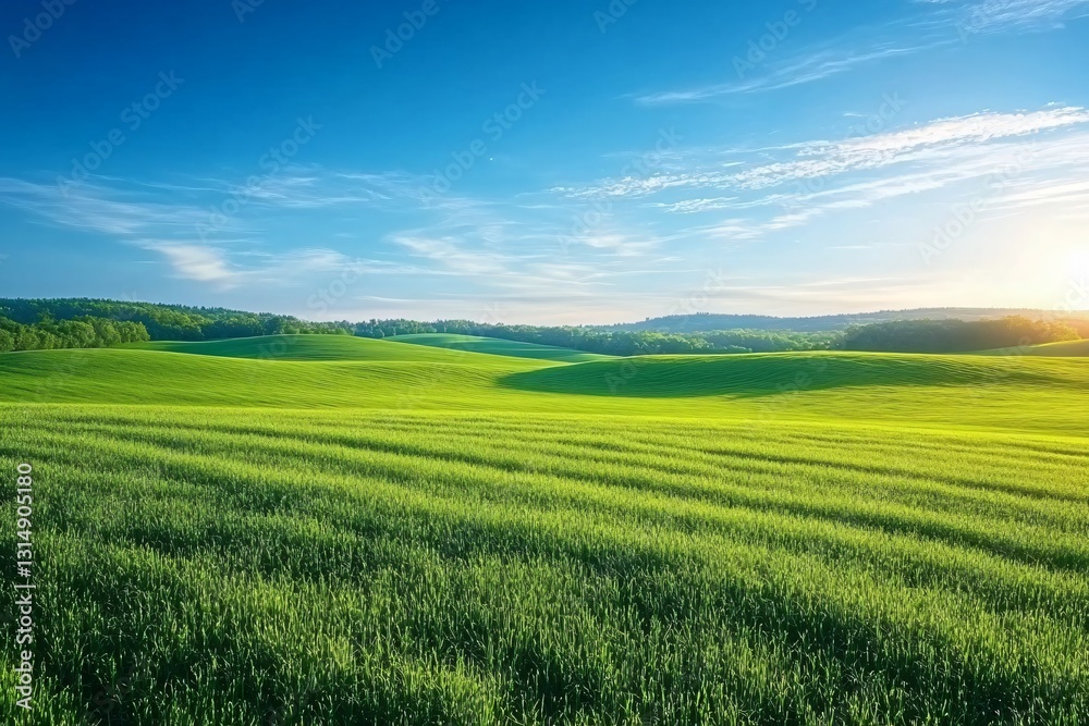 Obraz premium Vibrant summer landscape featuring a green grass field under a clear blue sky, perfect for outdoor event promotions, travel brochures, and nature-themed designs.
