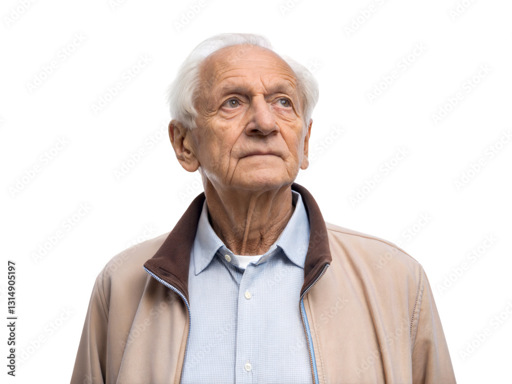 Elderly man with thoughtful expressions studio portrait calm reflection, isolated on white or transparent background Elderly man with thoughtful expressions studio portrait calm reflection, isolated on white or transparent background