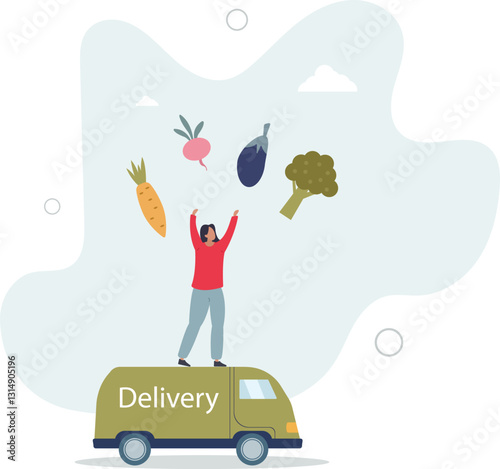 Character buying online fresh organic vegetables, paying for an order and getting groceries delivered.flat character life .