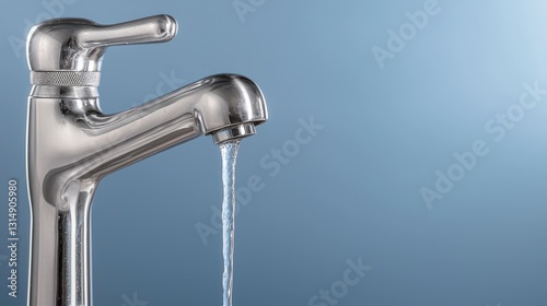 Close up of a sleek and modern stainless steel bathroom faucet with a flowing stream of water spraying into a clean sink basin