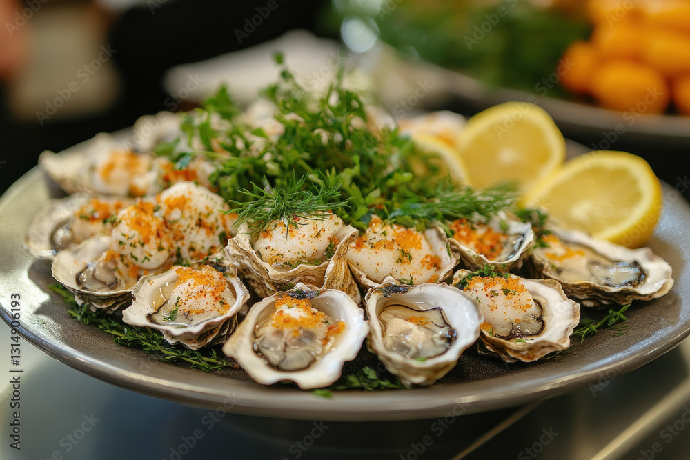 Plate of clams with lemon and parsley on a rustic wooden table. Plate of clams with lemon and parsley on a rustic wooden table.
