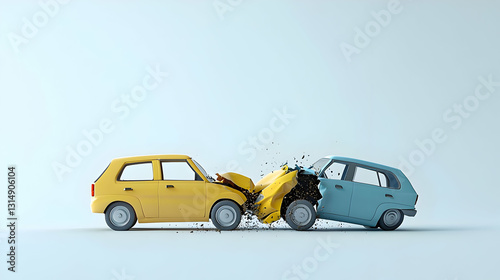 Low Poly Yellow And Blue Cars Colliding On A Minimalist White Background With Debris Impact And Motion