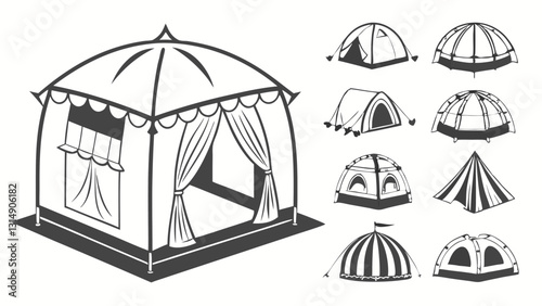 Set of Circus and Carnival Tent Icons – Black and White Vintage Festival Pavilion Illustrations for Fairgrounds, Big Top Events, Outdoor Markets, and Entertainment Venues
