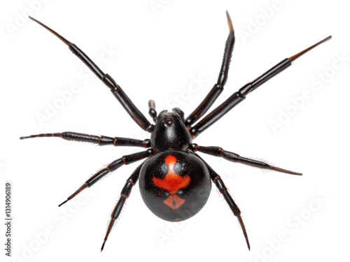 Black widow spider upside down with red hourglass close-up natural environment macro perspective, isolated on white or transparent background
