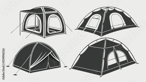 Set of Circus and Carnival Tent Icons – Black and White Vintage Festival Pavilion Illustrations for Fairgrounds, Big Top Events, Outdoor Markets, and Entertainment Venues
