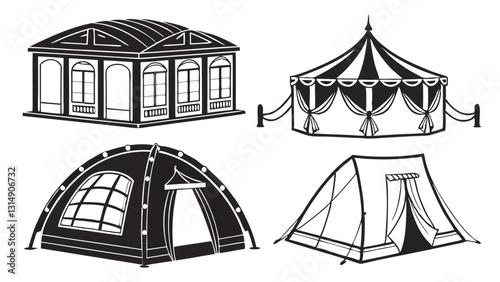 Set of Circus and Carnival Tent Icons – Black and White Vintage Festival Pavilion Illustrations for Fairgrounds, Big Top Events, Outdoor Markets, and Entertainment Venues
