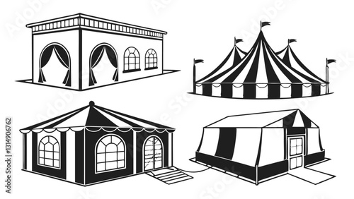 Set of Circus and Carnival Tent Icons – Black and White Vintage Festival Pavilion Illustrations for Fairgrounds, Big Top Events, Outdoor Markets, and Entertainment Venues
