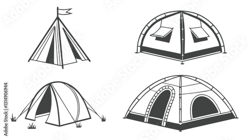 Set of Circus and Carnival Tent Icons – Black and White Vintage Festival Pavilion Illustrations for Fairgrounds, Big Top Events, Outdoor Markets, and Entertainment Venues
