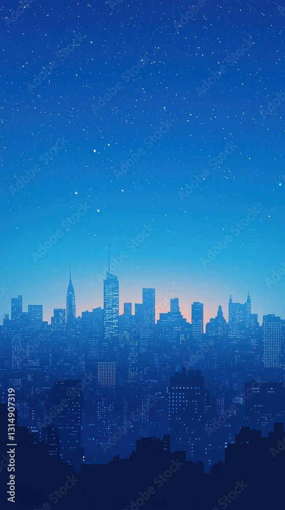 Minimalist cityscape at night with stars and soft blue sky Minimalist cityscape at night with stars and soft blue sky