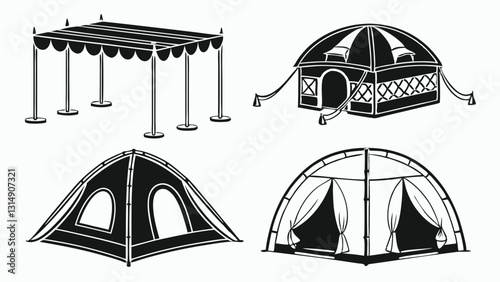 Set of Circus and Carnival Tent Icons – Black and White Vintage Festival Pavilion Illustrations for Fairgrounds, Big Top Events, Outdoor Markets, and Entertainment Venues
