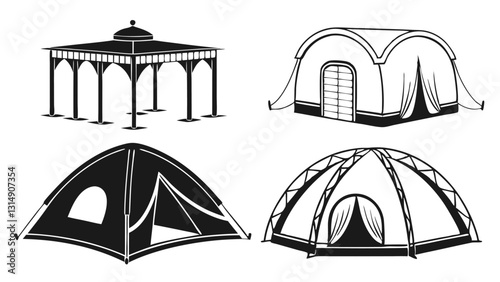 Set of Circus and Carnival Tent Icons – Black and White Vintage Festival Pavilion Illustrations for Fairgrounds, Big Top Events, Outdoor Markets, and Entertainment Venues
