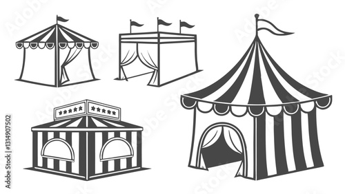 Set of Circus and Carnival Tent Icons – Black and White Vintage Festival Pavilion Illustrations for Fairgrounds, Big Top Events, Outdoor Markets, and Entertainment Venues
