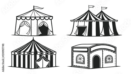 Set of Circus and Carnival Tent Icons – Black and White Vintage Festival Pavilion Illustrations for Fairgrounds, Big Top Events, Outdoor Markets, and Entertainment Venues

