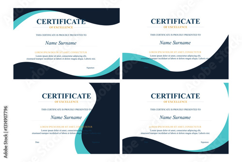 Four Excellence Certificates; Blue, Dark Background; Award Template