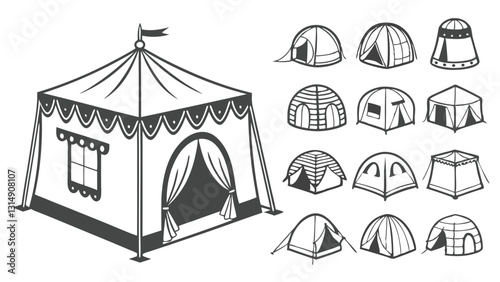 Set of Circus and Carnival Tent Icons – Black and White Vintage Festival Pavilion Illustrations for Fairgrounds, Big Top Events, Outdoor Markets, and Entertainment Venues
