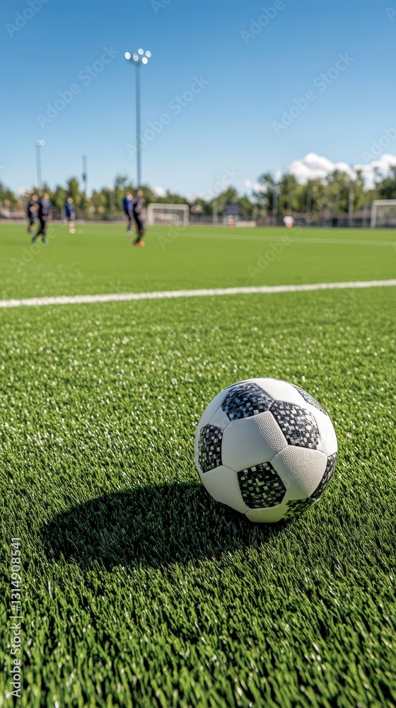 Obraz premium Soccer Ball Rests On Green Field With Players In Background