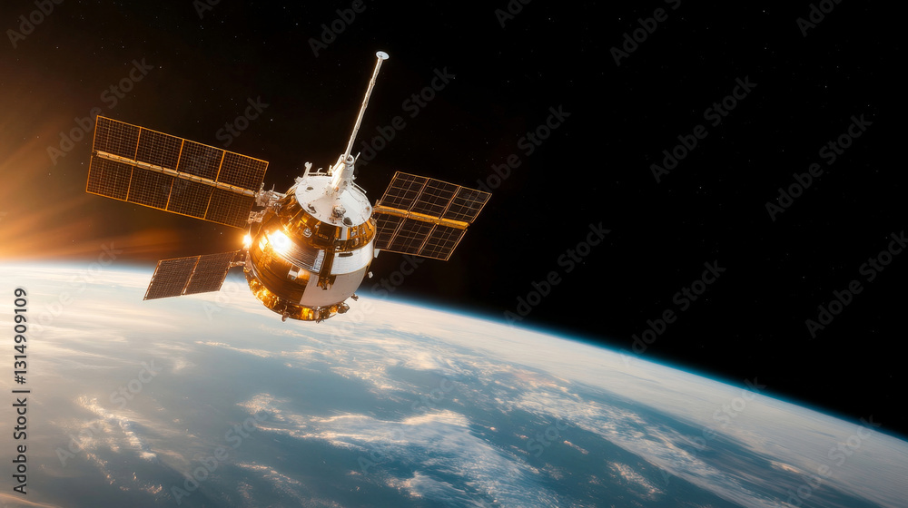 An impressive satellite orbiting Earth, showcasing advanced technology and the beauty of our planet from space. An impressive satellite orbiting Earth, showcasing advanced technology and the beauty of our planet from space.