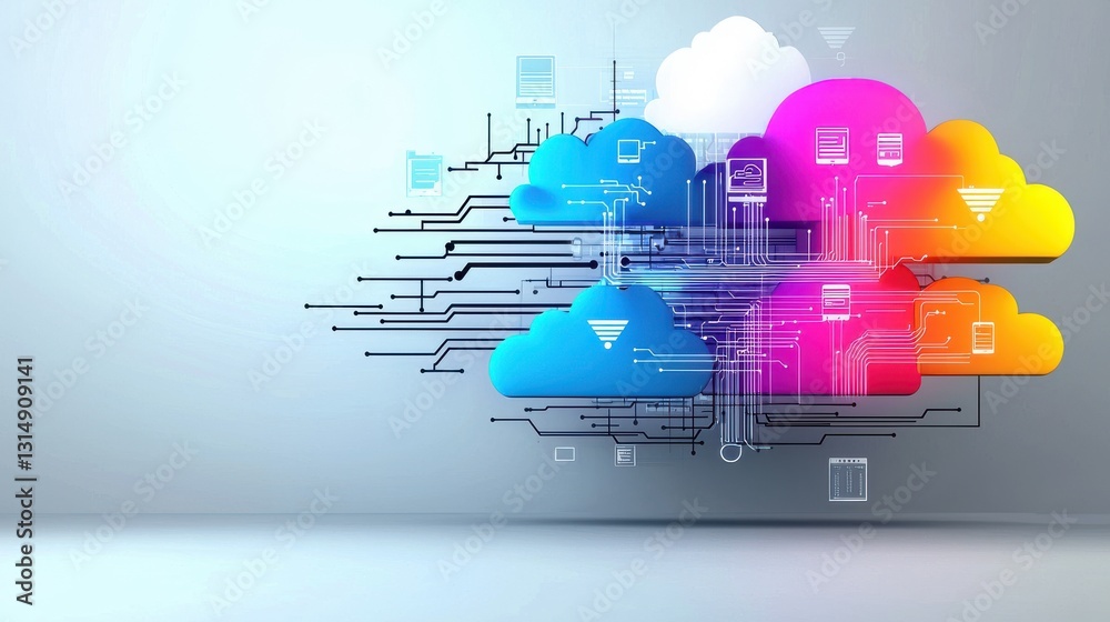 Obraz premium Vibrant digital technology backdrop featuring colorful cloud patterns abstract geometric shapes and futuristic circuit board elements