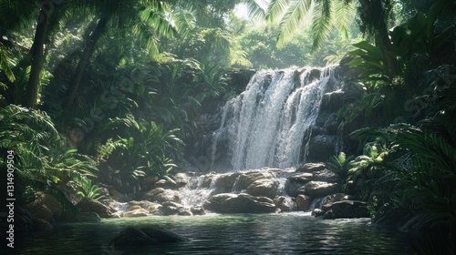 Lush waterfall cascading into a tranquil jungle pool photo
