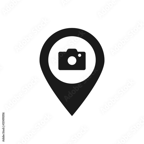 A black camera icon is centered inside a location pin, symbolizing the connection between photography and travel.