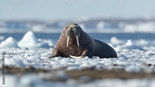 a walrus sitting on ice floes in the ocean.