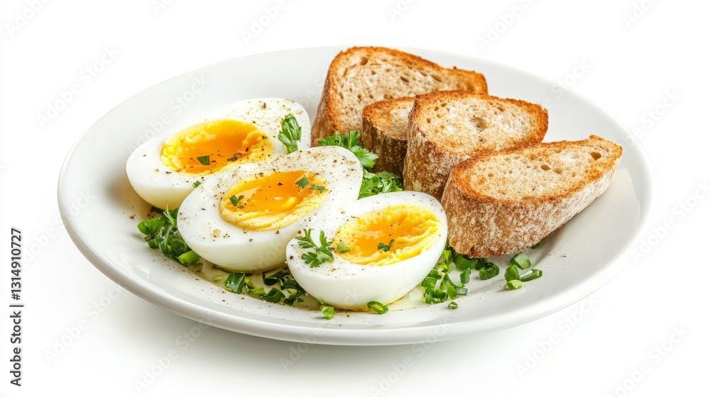 Breakfast Plate with Soft-Boiled Eggs and Toast on a Bed of Fresh Greens, Perfect for a Healthy Start to Your Day. Breakfast Plate with Soft-Boiled Eggs and Toast on a Bed of Fresh Greens, Perfect for a Healthy Start to Your Day.