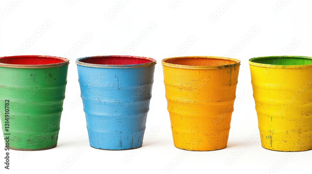 Four Textured Cups in Green Blue Yellow and Red on White Background Four Textured Cups in Green Blue Yellow and Red on White Background