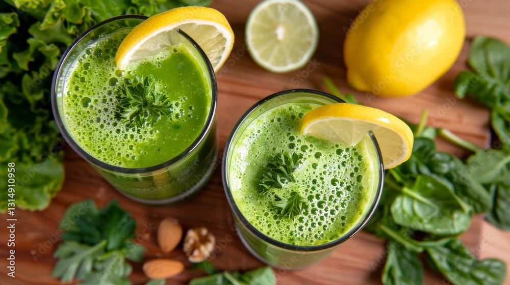 Two refreshing green smoothies enhanced with lemon slices, a perfect blend of health and zest for vitality. Two refreshing green smoothies enhanced with lemon slices, a perfect blend of health and zest for vitality.