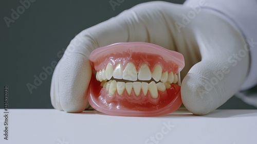 Gloved Hand Holding a Pink Full Denture Set on White Background