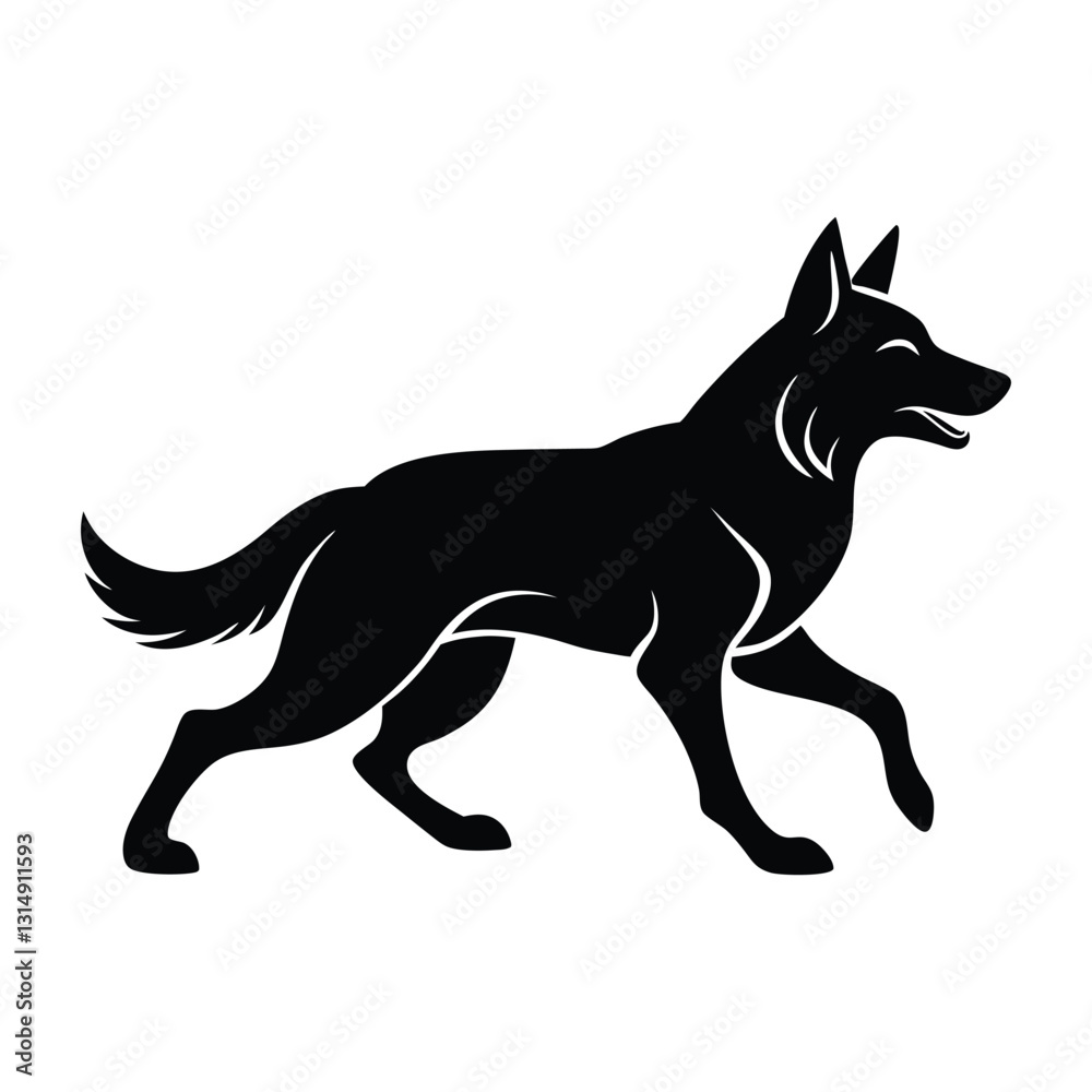 German Shepherd Running Mid-Stride with Powerful Leaping Silhouette on White Background German Shepherd Running Mid-Stride with Powerful Leaping Silhouette on White Background