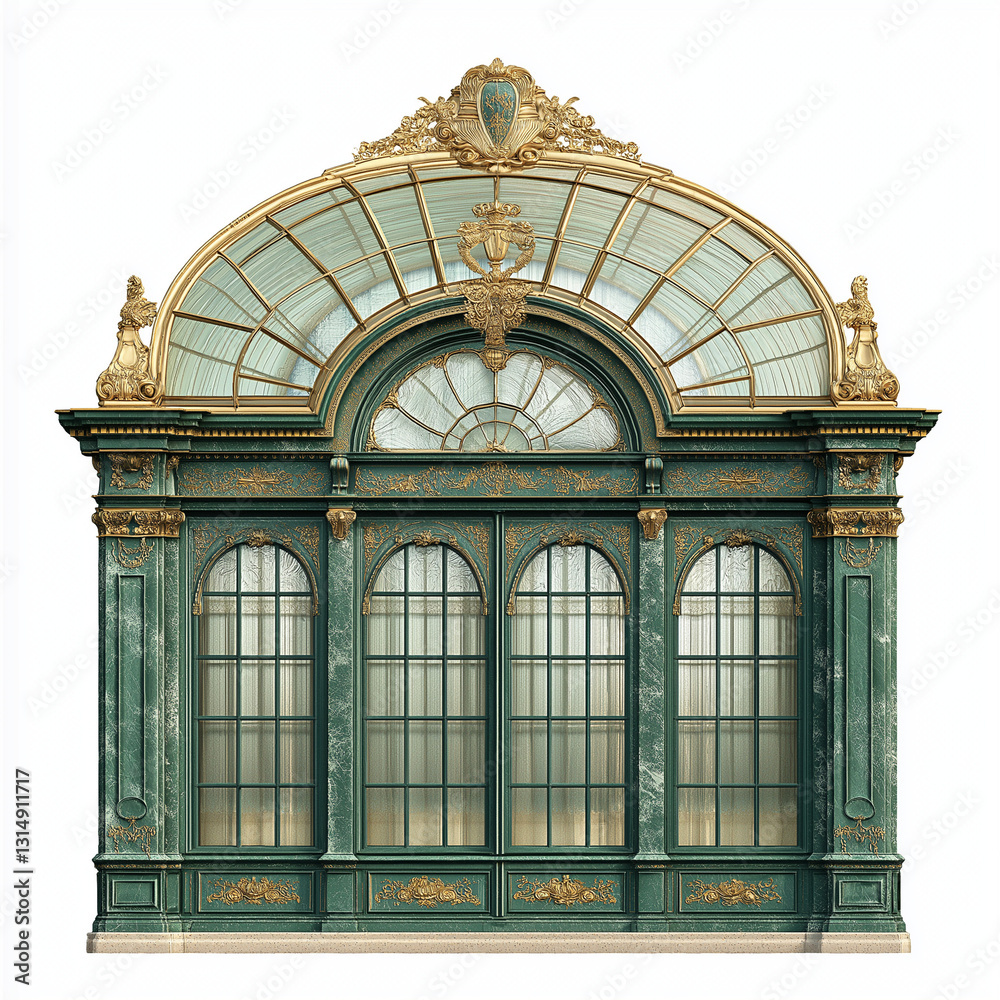 Obraz premium Royal greenhouse windows with patina and gold finishing, green, gold and marble texture