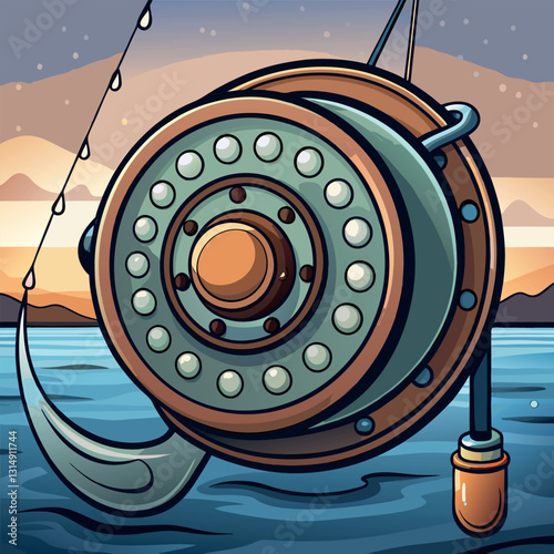 Close up of a fishing reel casting on calm waters.