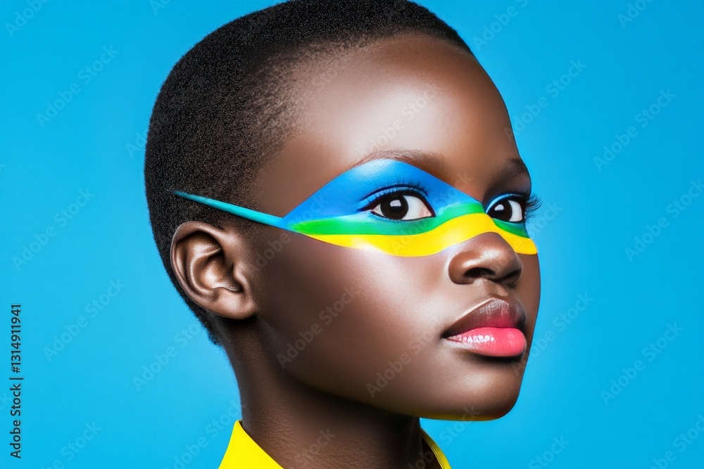 Striking portrait of a Black woman with futuristic neon green and yellow eyewear against a vibrant blue backdrop in high fashion editorial photography Striking portrait of a Black woman with futuristic neon green and yellow eyewear against a vibrant blue backdrop in high fashion editorial photography