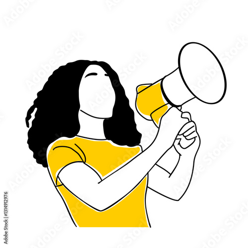 Girl shouting at megaphone, loudspeaker, making announcement. Business promotion, Internet advertisement, marketing, social media. Vector hand drawn outline illustration isolated