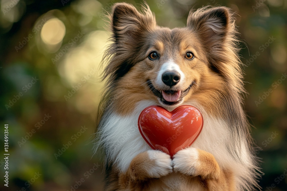 Fototapeta premium Ad animal conceptual art. Collie - my preferred dog, symbol of friendship. Cute collie doggy with diamond red heart on a walk in a spring green space. Cute furry valentine's friend.