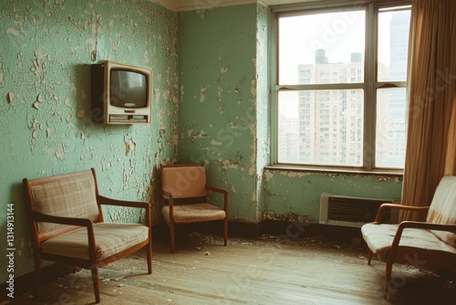 A family of four living in a small, rundown apartment in a high-rise building, with peeling walls and mismatched furniture. 