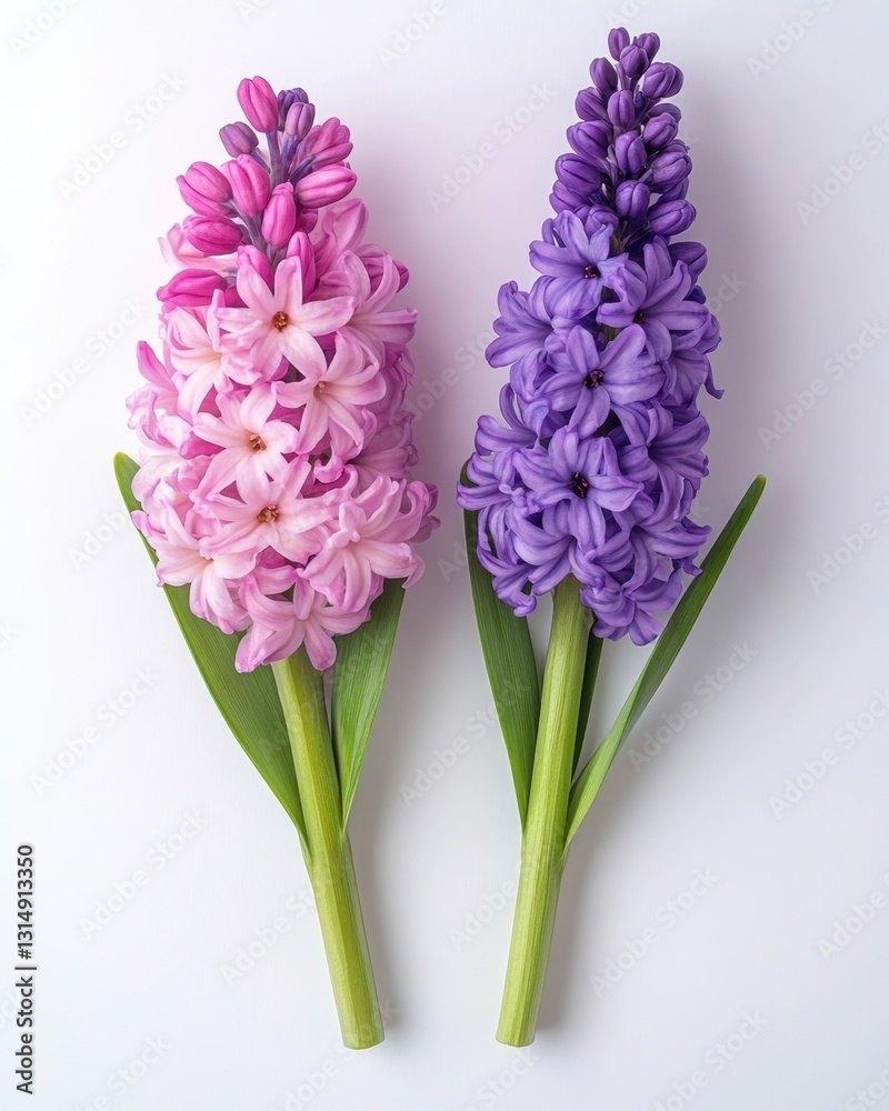 Fototapeta premium Captivating close up of vibrant pink and purple hyacinth flowers against a clean white background showcasing delicate petals and fresh green leaves