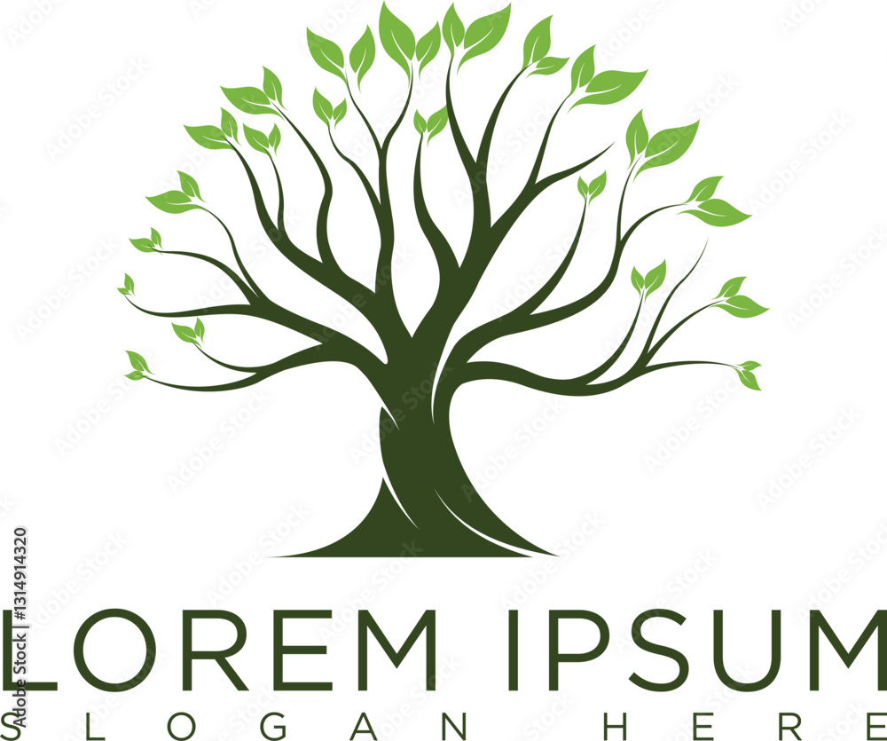 Obraz premium Minimalist tree logo green tree with elegant silhouette and leaves symbolizes growth, eternity of life and balance of nature. Modern design, suitable for eco-friendly business, organic farming