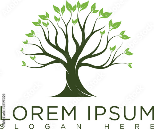 Minimalist tree logo green tree with elegant silhouette and leaves symbolizes growth, eternity of life and balance of nature. Modern design, suitable for eco-friendly business, organic farming