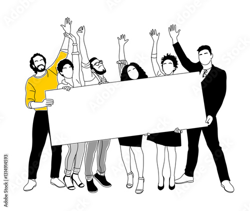 Group of business people holding blank banner, team with empty billboard and raised up hands. Happy men, women with empty placard showing, presenting, demonstrating advertisement. Vector line drawing.