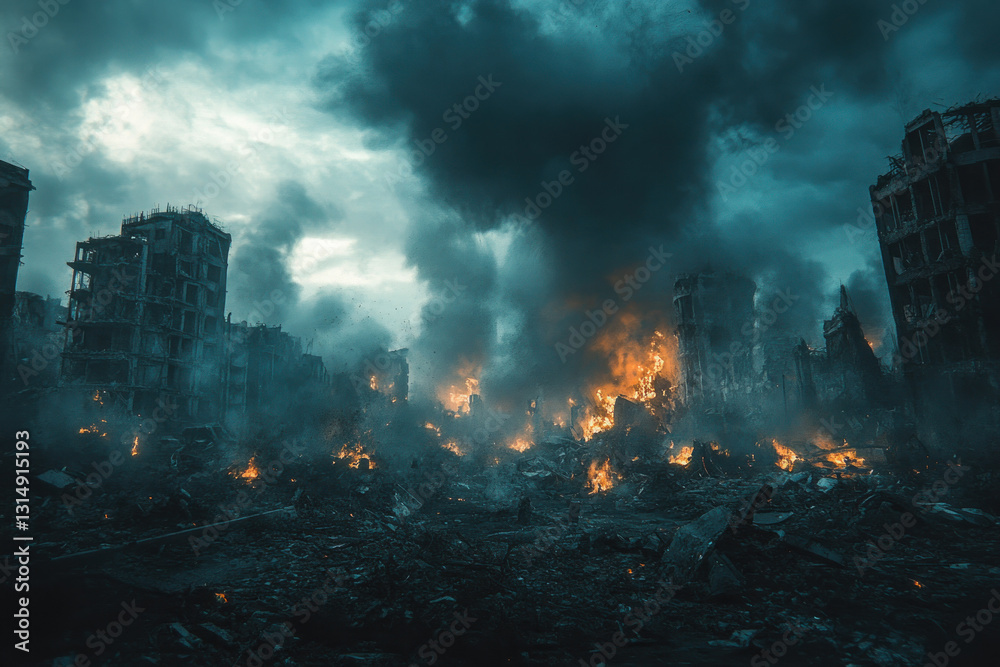 Large fire burns through rubble of building aftermath, billowing smoke, emergency responders on-site, tackling flames, scene of destruction. Large fire burns through rubble of building aftermath, billowing smoke, emergency responders on-site, tackling flames, scene of destruction.