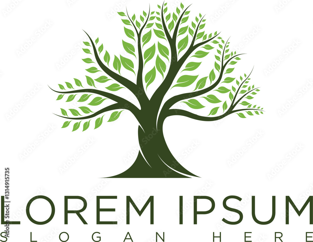 Obraz premium Minimalist tree logo green tree with elegant silhouette and leaves symbolizes growth, eternity of life and balance of nature. Modern design, suitable for eco-friendly business, organic farming