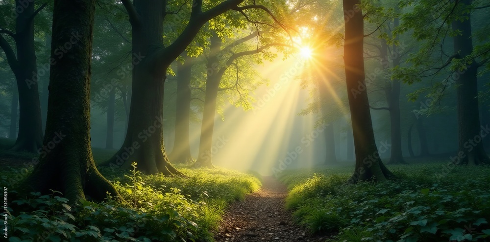 Obraz premium Soft rays of sunlight shining through trees in a mystical forest, sunlight, magical, forest