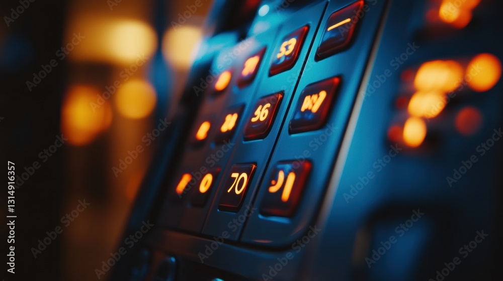 Obraz premium Illuminated alarm system keypad in a modern office setting at night with glowing buttons and shadows